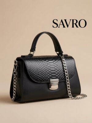 SAVRO Luxury Black Handbag - Genuine Snake Skin & Cow Leather with Chain Strap