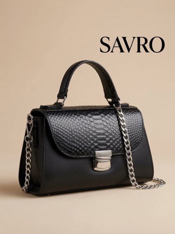 00 SAVRO Luxury Black Handbag - Genuine Snake Skin & Cow Leather with Chain Strap