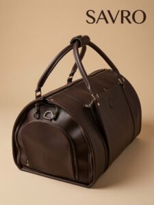 SAVRO Luxury Brown Leather Holdall - Genuine Cow Leather Structured Duffel Bag