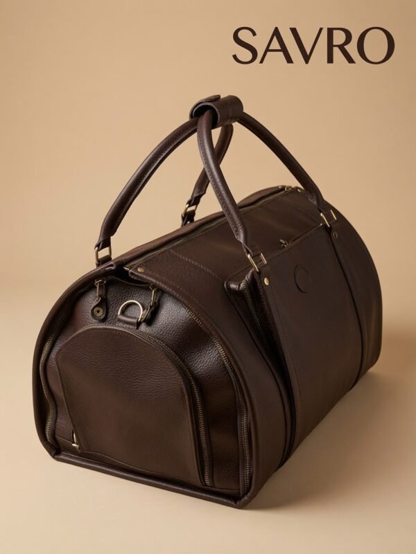SAVRO Luxury Brown Leather Holdall - Genuine Cow Leather Structured Duffel Bag