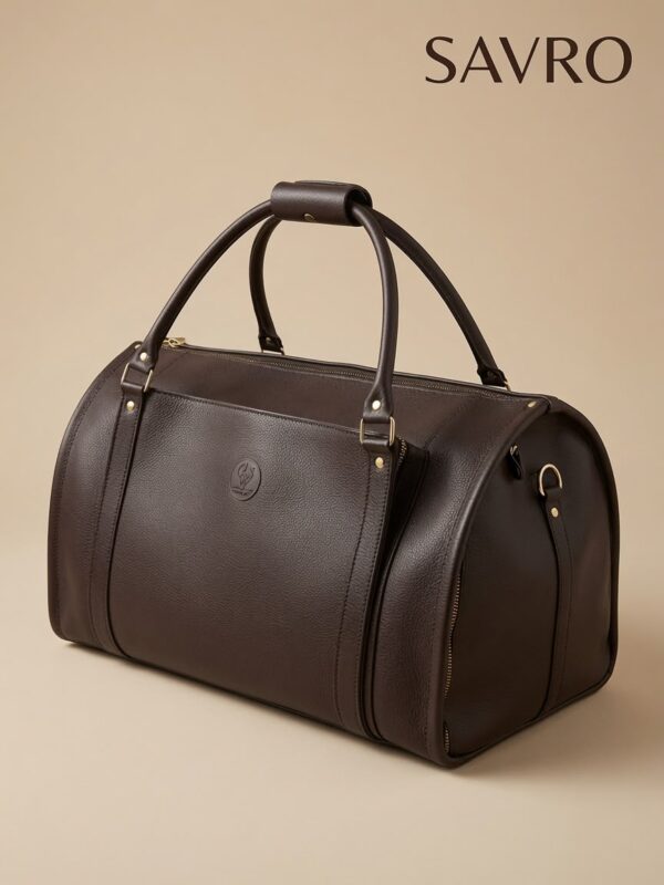 SAVRO Luxury Brown Leather Holdall - Genuine Cow Leather Structured Duffel Bag