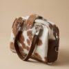 SAVRO Genuine Cowhide Structured Handbag - Brown & White Leather with Straps
