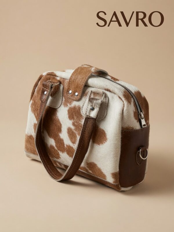 SAVRO Genuine Cowhide Structured Handbag - Brown & White Leather with Straps