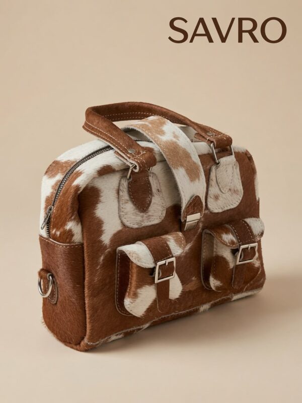 SAVRO Genuine Cowhide Structured Handbag - Brown & White Leather with Straps
