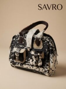 SAVRO Genuine Cowhide Structured Handbag - Brown & White Leather with Straps