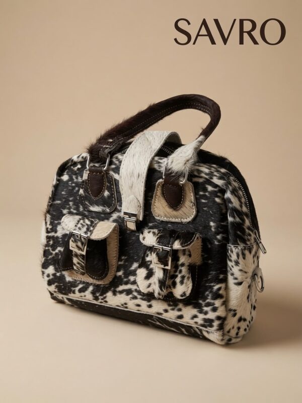 SAVRO Genuine Cowhide Structured Handbag - Brown & White Leather with Straps
