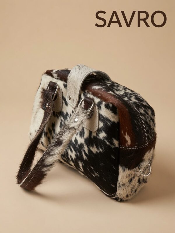 SAVRO Genuine Cowhide Structured Handbag - Brown & White Leather with Straps