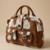 SAVRO Genuine Cowhide Structured Handbag - Brown & White Leather with Straps