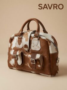 SAVRO Genuine Cowhide Structured Handbag - Brown & White Leather with Straps