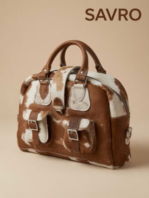 SAVRO Genuine Cowhide Structured Handbag - Brown & White Leather with Straps