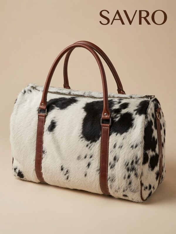 SAVRO Genuine Cowhide Structured Handbag - Brown & White Leather with Straps