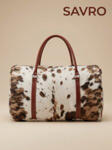 SAVRO Genuine Cowhide Structured Handbag - Brown & White Leather with Straps