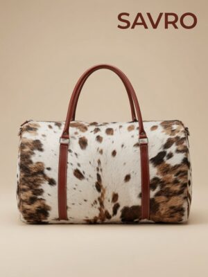 SAVRO Genuine Cowhide Structured Handbag - Brown & White Leather with Straps