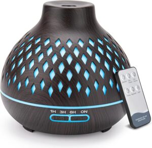 فواحة زيوت معطرة سعة 500 مل تعمل بالموجات فوق الصوتية بريموت كونترول، مزودة بـ7 الوان اضاءة LED وخاصية ايقاف تشغيل تلقائي عند نفاذ المياه، مناسبة للعلاج العطري وترطيب غرفة النوم والطفل واليوجا والسبا