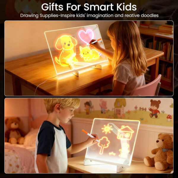 333339 لوحة ملاحظات ليد ملونة من الاكريليك قابلة للمسح الجاف مع حامل، لوحة رسم مضيئة للاطفال، لوحة كتابة ليد ولوحة رسائل متوهجة (15 سم × 15 سم)