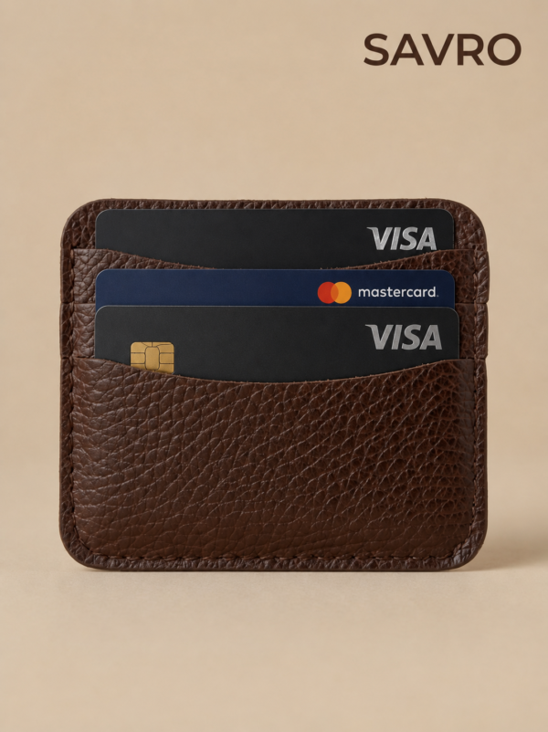 4 SAVRO Premium Leather Card Holder - Genuine Textured Leather Slim Wallet