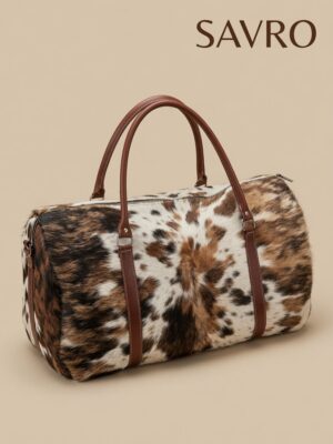 SAVRO Genuine Cowhide Structured Handbag - Brown & White Leather with Straps