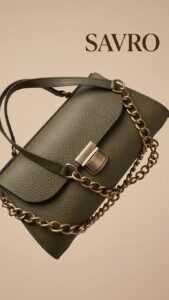 SAVRO Olive Green Leather Shoulder Bag - Premium Genuine Cowhide with Chain Strap