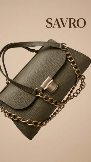 SAVRO Olive Green Leather Shoulder Bag - Premium Genuine Cowhide with Chain Strap