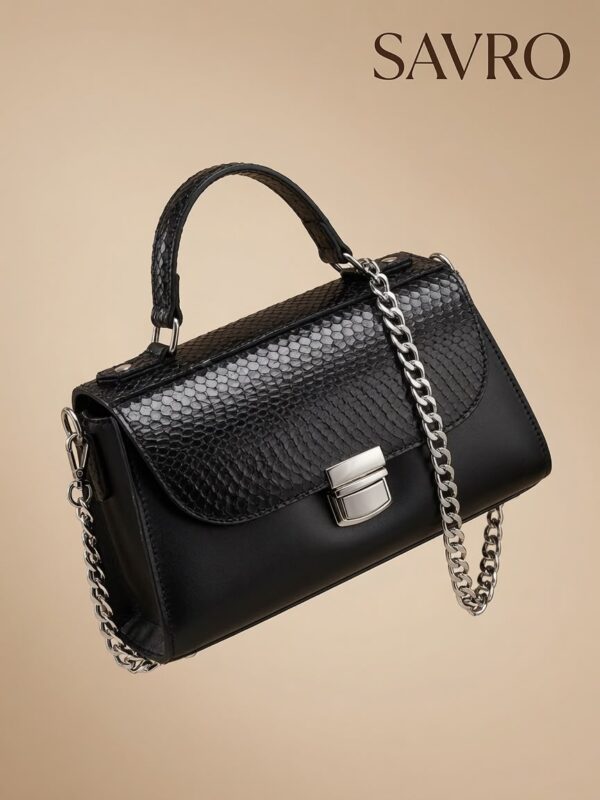 99 SAVRO Luxury Black Handbag - Genuine Snake Skin & Cow Leather with Chain Strap
